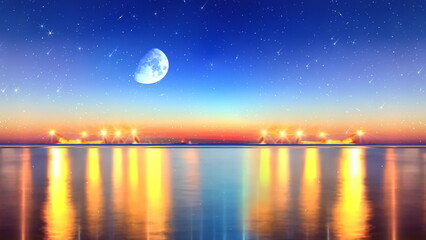 Wall Mural - sea at nigh ,tarry sky and big moon at sea blue cloudy dramatic sky sun light and big moon reflectio