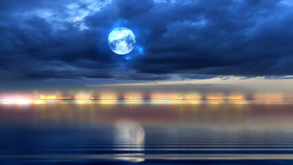 Wall Mural - sea at nigh ,tarry sky and big moon at sea blue cloudy dramatic sky sun light and big moon reflectio