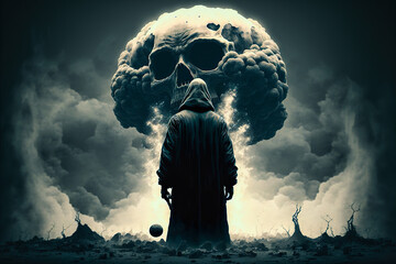 Wall Mural - concept of grim reaper standing in front of atomic bomb explosion