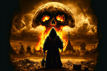 Wall Mural - concept of grim reaper standing in front of atomic bomb explosion