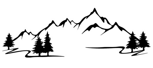 black silhouette of mountains and fir trees camping landscape panorama illustration icon vector for 