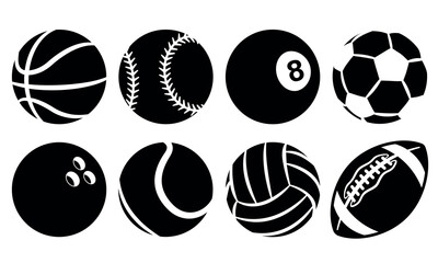 set of sports balls black and white vector images. silhouette graphics of american football and socc