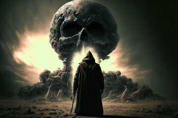 Wall Mural - concept of grim reaper standing in front of atomic bomb explosion