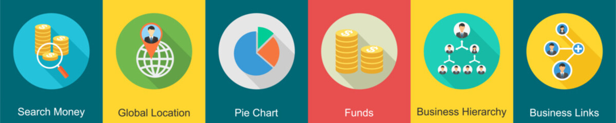 A set of 6 Business icons as search money, global location, pie chart