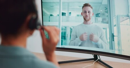 Wall Mural - Computer, video call or black woman in a call center in an online meeting listening to a telemarketing expert. Communication, screen or sales agent talking, speaking or in consulting a virtual client