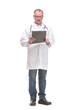 © ASDF - Front view of mature thoughtful doctor writing on clipboard