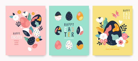 easter greeting cards collection. vector cartoon illustration of three cards with easter modern eggs