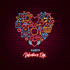 Wall Mural - Valentine Day Neon Heart Postcard. Vector Illustration of Love Holiday Romance Concept. Glowing Led Lamp.