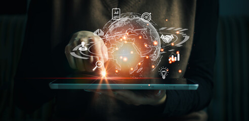 Poster - Businesswoman using tablet. Business global internet connection application technology and digital marketing, Digital link tech and big data. Technoloty concept.
