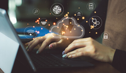 Poster - Technology and Business. Businesswoman using loptop control and download upload file to online cloud server.