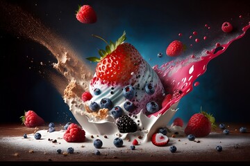 Wall Mural - fruits, fruits with grains and yogurt, fruit explosion 