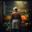 Back view of a man in a greengrocer or fruit shop. Generative AI.