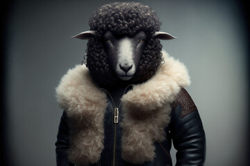 Anthropomorphic stylish Sheep wearing a human leather jacket. Generative AI
