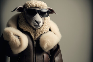 Anthropomorphic stylish Sheep wearing a human leather jacket. Generative AI