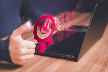 Poster - Man touching the virtual screen assessment sign of the top service quality assurance. Guarantee, Standard, ISO certification and standardization concept.