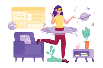 Aufkleber - Metaverse purple concept with people scene in the flat cartoon style. Girl play computer games in cyber space using innovation technologies and gadgets. Vector illustration.