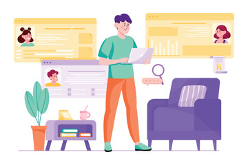 Poster - Recruiting purple concept with people scene in the flat cartoon design. Manager examines the resumes of future employees of the company. Vector illustration.
