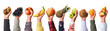 Fruity banner of different fruits in a row in hands.