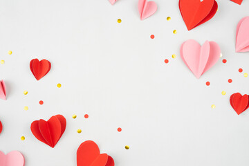 Poster - Origami hearts flat lay composition into frames for backgrounds and copy spaces