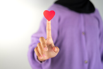 Poster - Girls hands touch love shape in hologram screen