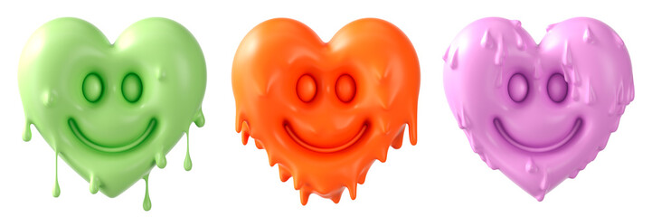Set of groovy colorful hearts sticker. Dripping elements with plasticine effect. Valentine's Day concept. 3d rendering illustration.
