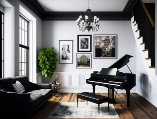 modern living room with piano, sofa and furnitures. Elegant and comfortable style. generative ai