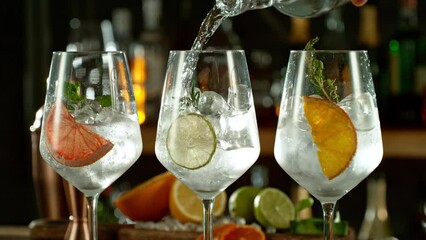 Fototapete - Super slow motion of preparing gin and tonic drinks with speed motion. Filmed on high speed cinema camera, 1000 fps, placed on high speed cine bot. Bar with bottles on background.