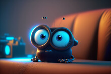 Cute Monster With Big Glossy Eyes Looking Like A Video Games Character. Colorful Lights And Cartoon Style. Generative Ai