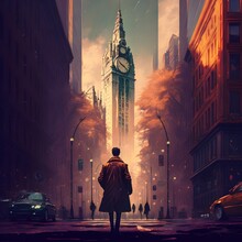 Person Walking Down A City Street With Tall Buildings And A Clock Tower In A Digital Painting Style