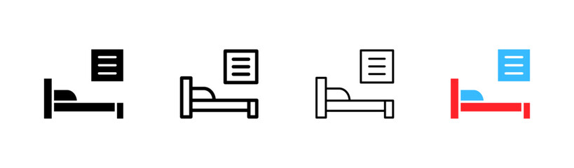 The medicine set icon. Hospital, bed, ward, dropper, pharmacy, doctor, pills, thermometer, ambulance, red cross, cough, virus. Health care concept. Vector icon in line, black and colorful style