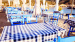Traditional Greek restaurant, taverna on the beach at morning.