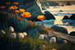 A beautiful craggy coastline with California Poppies. Post-processed digital AI art	