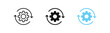 Gear rotate icon. Arrow process symbol. Cog work signs. Update wheel symbols. Repeat cogwheel icons. Black and blue color. Vector sign.