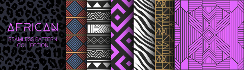 Collection of African Seamless Patterns. Geometry, textures and signs. Ethnic aesthetic and ornaments inspired by Africa. Tribal designs, folk artworks and native style graphics. Black culture.