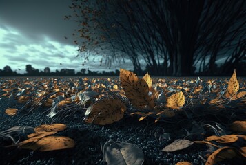 Wall Mural - leaves abstract background, close-up dry leaves on ground in brown, blue grey tone color of winter, Generative Ai
