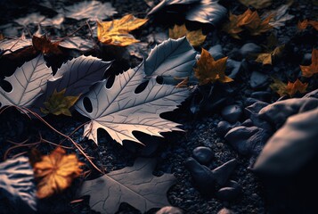 Wall Mural - leaves abstract background, close-up dry leaves on ground in brown, blue grey tone color of winter, Generative Ai