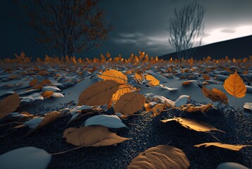 Wall Mural - leaves abstract background, close-up dry leaves on ground in brown, blue grey tone color of winter, Generative Ai