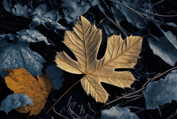 Wall Mural - leaves abstract background, close-up dry leaves on ground in brown, blue grey tone color of winter, Generative Ai