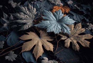 Wall Mural - leaves abstract background, close-up dry leaves on ground in brown, blue grey tone color of winter, Generative Ai