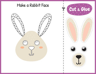 Wall Mural - Make a rabbit face funny game for kids. Cut and glue educational activity page. Matching game with bunny character. Vector illustration