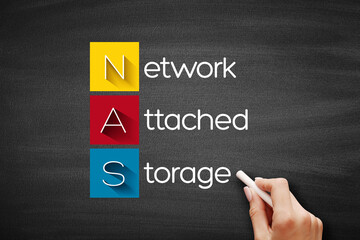 Aufkleber - NAS Network Attached Storage, technology business concept on blackboard
