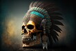 © QuietWord - skull mask design, skull decoration with feather and flowers with nature blur background, Generative Ai