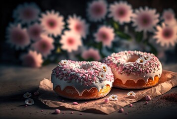 two donuts decorated with Sakura flower pink and white color, idea for spring season or romantic love concept background wallpaper, Generative Ai