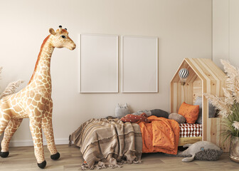 panoramic boho interior for baby's room scandinavian style. wooden bed, large toys on empty beige ba