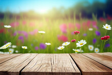 Wildflowers And Wooden Table Background Created With Generative Ai Technology