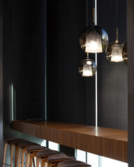 Aufkleber - Roller blinds in the cafe. Solar shades black color in the urban style interior. Wooden table near the window and bar stools are along it. Screen material for automated roller blinds. Selective fokus.
