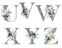 Watercolor Floral Alphabet With Peonies For Wedding Invitations, Greeting Card, Birthday, Logo, Poster And Other. Gray Letters.