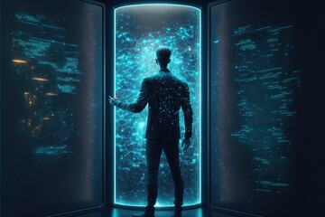 cyber security concept with businessman protect data and privacy and data privacy protection concept with shield and lock icon, ai	