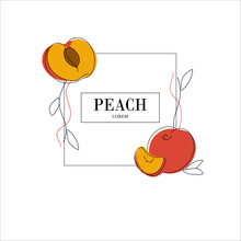 Simple Isolated Fruit Packaging Design, Prach Flavored. Juicy Line Drawing For Label. Freehand Vector Illustration Isolated On White Background.