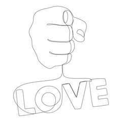 Poster - One continuous line of hand holding a string with Love word. Thin Line Illustration vector concept. Contour Drawing Creative ideas.